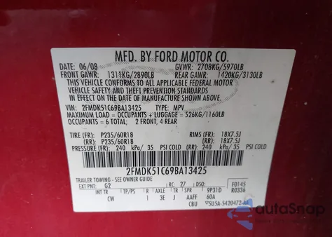 2009 Ford Flex Se из США, поврежденный, VIN 2FMDK51C69BA13425